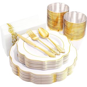 Set di 175 Pezzi di Stoviglie in Plastica Bianca e Oro per Feste, Include 25 Piatti Piani, 25 Piatti da Dessert e 75 Posate in Plastica Dorata - Product Image 1