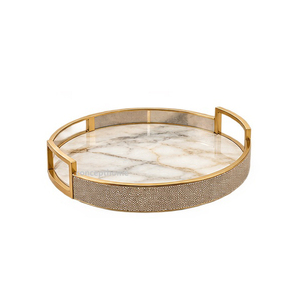 Bandeja Redonda de Mármol para Servir con Borde Dorado y Asas, Acabado en Cuero, Metal Pulido, Uso Comercial, Apta para Lavavajillas, Ecológica - Product Image 1