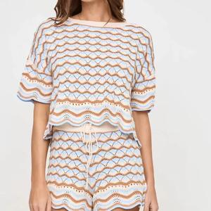 Ensemble haut sans bretelles en mousseline de soie et dentelle à boutons, style rétro, bleu clair et beige, motif à motifs, tenue décontractée d'été pour femme, anti-rétrécissement - Product Image 2