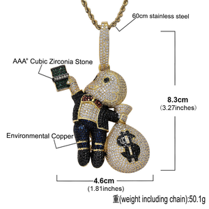 Pendentif en diamant de laboratoire à l'effigie d'un personnage de dessin animé, or 14 carats, design sac d'argent, collier de bijoux hip-hop - Product Image 2