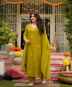 FANCY MUL CHANDERI SEQUENCE EMBROIDERY WORK <b>TOP</b> BOTTOM WITH DUPATTA <b>FESTIVE</b> WEAR WHOLESALE PRICE ETHNIC GARMENT GREEN - Product Image 1