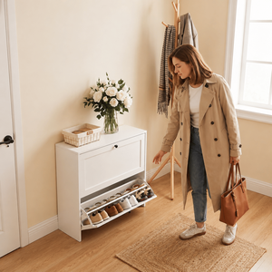 Meuble à chaussures blanc en bois, fin et étroit, avec 2 tiroirs basculants, 80 cm x 30 cm x 80 cm, organisateur de rangement anti-basculement pour chaussures - Product Image 1