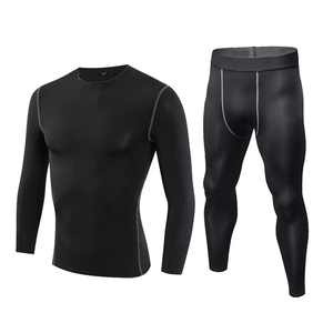 Conjunto de compresión azul de manga larga para hombre, cuello redondo, de secado rápido, de spandex y poliéster, top de manga larga y pantalones, kit sólido para todas las estaciones - Product Image 3