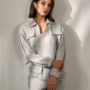 <b>Women</b> Light Grey Two Piece <b>Lounge</b> Set Zip Up Jacket Matching Jogger <b>Pants</b> Soft Casual Homewear Comfortable Custom OEM Apparel - Product Image 4