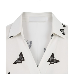 Butterfly Print Wrap <b>Blouse</b> Long Sleeve V-Neck White Women's Top - Product Image 4
