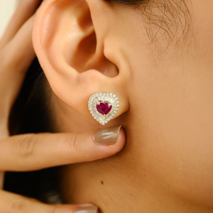 Pendientes de Oro Amarillo de 14K con Rubí y Diamante en Forma de Corazón de 5x5mm, Diseño de Doble Racimo, MOQ Bajo, Regalo de San Valentín, Joyería - Product Image 2