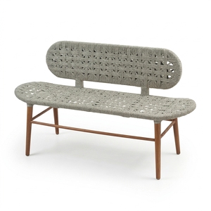 New Modern Minimalist Morgan Wooden <b>Bench</b> Outdoor Rope Lace Weaving Backrest Long Dining <b>Bench</b> Chair Living Room Patio Garden - Product Image 1