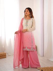 Ensemble Salwar traditionnel rose brodé pour femme avec dupatta, coupe ample, longueur cheville, en rayonne, style indien pakistanais, tenue décontractée - Product Image 5