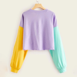 Custom Women Pastel Colorblock <b>Cropped</b> Sweatshirt Loose Long Sleeve Crewneck Pullover Jumper Casual Oversized Patchwork Crop Top - Product Image 4