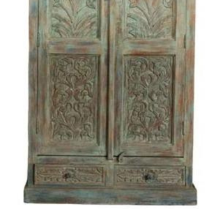 Luxury Handcrafted Solid Wood 2 Door <b>Wardrobe</b> Ornate Leaf Carving Distressed Teal Green Armoire - Product Image 5