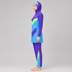 Ensemble de maillot de bain modeste 3 pièces à couvrance intégrale avec manches longues et couvre-tête, taille haute ornée de cristaux - Product Image 3
