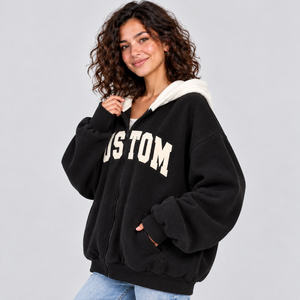 Sudadera con capucha de dos tonos personalizada con contraste, negra, con cremallera, para mujer, estilo oversize, con hombros caídos, de forro polar, estilo streetwear. - Product Image 2