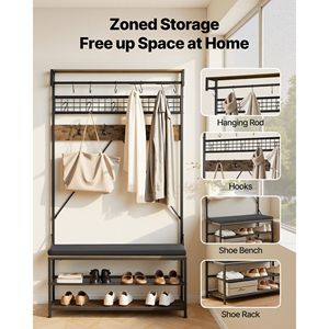 Porte-manteau autoportant 72 pouces avec banc à chaussures, organisateur de rangement à 2 niveaux, crochets muraux, tringle de suspension et étagère en fil métallique - Product Image 2