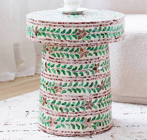 Taburetes cilíndricos con diseño floral verde y rosa, mesa auxiliar pequeña de mosaico artesanal con madreperla para decoración de sala de estar y dormitorio. - Product Image 1