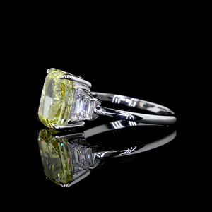 4 Ct Square <b>Cushion</b> Fancy Vivid Yellow Lab Grown Diamond 14K Gold Engagement Ring Triangle Side Stones Floral Basket Design for - Product Image 4