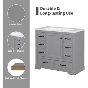 Mobile Bagno Multifunzionale da 36 Pollici con Lavabo, Sei Cassetti e Ripiano Regolabile, Solo Base Grigia - Product Image 3