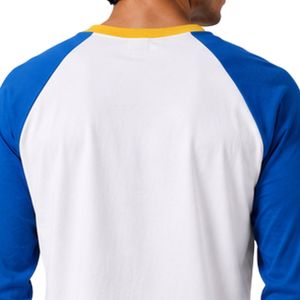 <b>White</b> And Royal Blue Raglan Long Sleeve T Shirt Men Premium Cotton Crew Neck Casual Graphic Baseball Tee Yellow Trim Custom OEM - Product Image 6