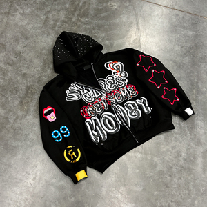 Sweat à capuche homme Y2K personnalisé, style streetwear, imprimé en relief, strass sur le capuche, effet vieilli vintage, 500 GSM, fermeture éclair, noir, coupe oversize - Product Image 1