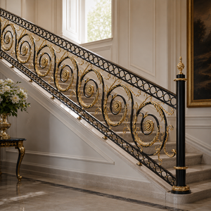 Luxury Black Gold Wrought Iron Stair <b>Railing</b> Ornate Scroll Balustrade Villa Palace Hotel Marble Stair Handrail Supplier - Product Image 1