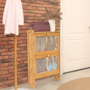 Scarpiera a 2 livelli in bambù sottile, capacità massima 20 kg, organizer stretto autoportante per ingresso con 2 cassetti ribaltabili, mobile scarpiera a 2 livelli - Product Image 2