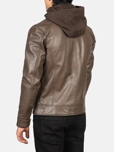 Mens Hooded Cheetah Brown Leather <b>Jacket</b> - Product Image 3