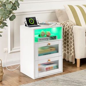 Changhong Glass 40*35*60cm <b>Bedside</b> <b>Table</b> 2 Drawers 1 Layer White Hemp Surface Particle Board Nightstands Wireless Charging 2 <b>USB</b> - Product Image 1