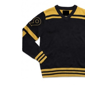 Pull en tricot à col en V pour homme, couleur unie, manches longues, vêtement d'automne, 100% acrylique, coupe classique, jaune avec bordure noire - Product Image 5