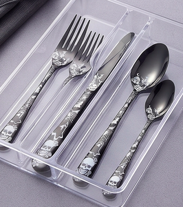 Halloween Themed <b>Black</b> Metal Flatware <b>Set</b> With Skull And Ghost Design Dishwasher Safe Party <b>Cutlery</b> 5 Piece For Party Use - Product Image 5