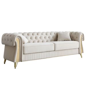 Divano Chesterfield Moderno 89 W in Velluto Beige Trapuntato per Soggiorno con Due Cuscini e Due Cuscini Decorativi - Product Image 3