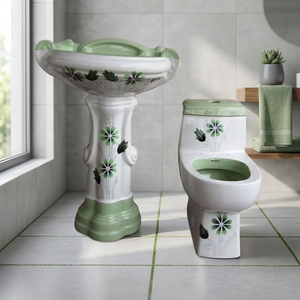 Ensemble complet de sanitaires en céramique Vitrossa de couleur verte chinoise, comprenant un WC et un lavabo sur piédestal - Product Image 6