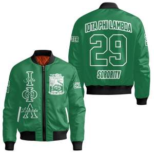 Blouson Bomber Personnalisé pour Femme Iota Phi Lambda, Vert Émeraude, avec Écusson Lettres Grecques et Numéro Année sur le Devant et le Dos, Fermeture Éclair - Product Image 3