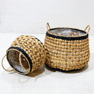 Rustic Rattan Belly <b>Planter</b> With <b>Plastic</b> Liner Bohemian Style Indoor Container - Product Image 5