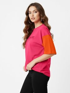 Half Sleeve Cottonblend Oversized Tshirt for Women, Round Neck Longline Printed Raglan Sleeve Colourblocked Drop Shoulder Baggie - Product Image 3