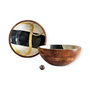 Bol de service artisanal en bois avec motif abstrait noir, blanc et or émaillé pour une touche de luxe à la table à manger - Product Image 1