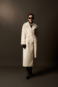 Manteau d'hiver pour femme - Double boutonnage, col en V à revers, taffetas de coton et de soie épais, manteau long blanc ivoire - Product Image 5