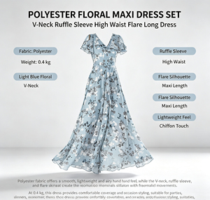 Robe longue trapèze 7112 pour femme, bleu clair, imprimé floral, taille froncée, pour invitée de mariage estival, 100 % polyester, vente en gros - Product Image 6