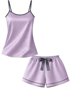 Conjunto de Pijama de Satén Lavanda Personalizado para Mujer, Ropa de Dormir Suave de Seda, Conjunto de Dos Piezas para Verano con Lazo Gris - Product Image 1