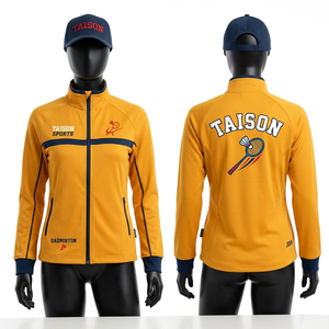 เสื้อแจ็คเก็ตแบดมินตันสำหรับผู้หญิง ผ้าโพลีเอสเตอร์ระบายอากาศ 280 GSM สีเหลืองกรมท่า แถบข้างสีกรมท่า ปักโลโก้ด้วยเทคนิค Sublimation ทรง Pro Fit - Product Image 1