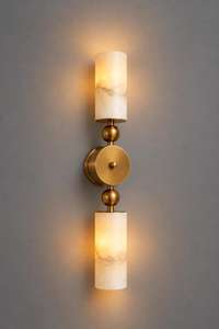 Pair Of Alabaster Tube <b>Wall</b> <b>Sconce</b>, Antique Brass <b>Wall</b> Lamp, Contemporary Bedroom <b>Lighting</b> - Product Image 4