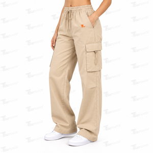 Pantalones cargo beige de cintura alta con cordón para mujer, corte holgado, estilo urbano, pantalones largos, pantalones cargo para mujer - Product Image 2
