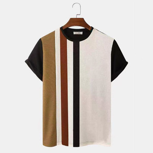 Men's Oversized Knitted T-<b>Shirt</b> Short Sleeve O-Neck <b>Geometric</b> Pattern Contrast Trim Casual Style Brown Black Print - Product Image 5