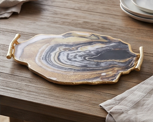 Plateau de service élégant à motif marbré avec poignées dorées, finition polie, usage résidentiel, parfait pour la maison et la table de cuisine - Product Image 2