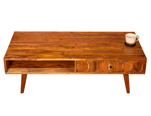 Table basse rectangulaire en bois d'acacia massif avec tiroir de rangement à motif hexagonal, finition brun foncé, pour salon et maison - Product Image 2