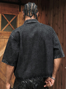 2. Camisa de mezclilla de doble botonadura para hombre, estilo Frog Button, negra lavada, manga corta B - Product Image 2
