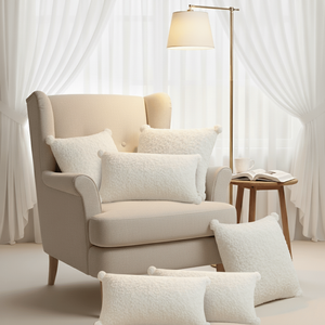 Ensemble de 6 housses de coussin SOGA, 4x 45cm Blanc BoucleBliss, 2x 30x50cm Ivoire Sherpa, Collection de housses de coussin lombaires à pompons - Product Image 1