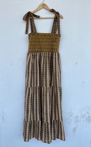 Women Mustard Blue Floral Stripe Cotton V-neck A-Line Eco-Friendly Maxi Dress Tie Shoulder Tiered <b>Summer</b> Wholesale - Product Image 2