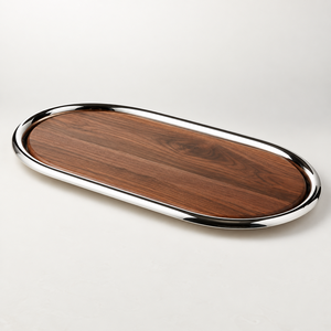 Plateau de service ovale en bois de luxe avec bord en acier inoxydable - Product Image 1