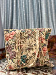 Beige Floral <b>Boho</b> Handmade Quilted Cotton Tote <b>Bag</b> Women Large Shoulder Handbag Reusable Market <b>Bag</b> Drawstring Closure - Product Image 6