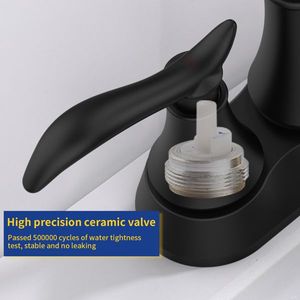 Grifo de lavabo de baño de 4 pulgadas con 2 manijas, caño giratorio 360 grados, desagüe pop-up y mangueras de suministro, negro mate, de centro. - Product Image 5