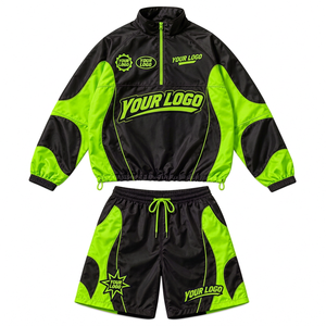 Custom Men's <b>Nylon</b> Patchwork Tracksuit Hoodie and <b>Shorts</b> Lightweight Windbreaker Apparel With Contrasting Color Panels - Product Image 5